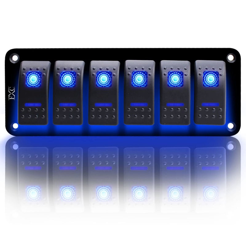 FXC Rocker Switch Aluminum Panel 6 Gang Toggle Switches Dash 5 Pin ON/Off 2 LED Backlit for Boat Car Marine Blue - Image 1